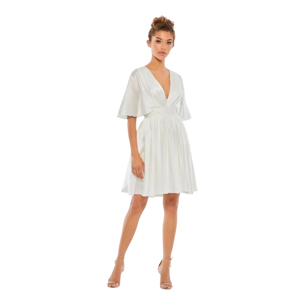 Mac Duggal NEW Size 2 White Satin Flowy SS Flutter Sleeve Mini Dress 26605
